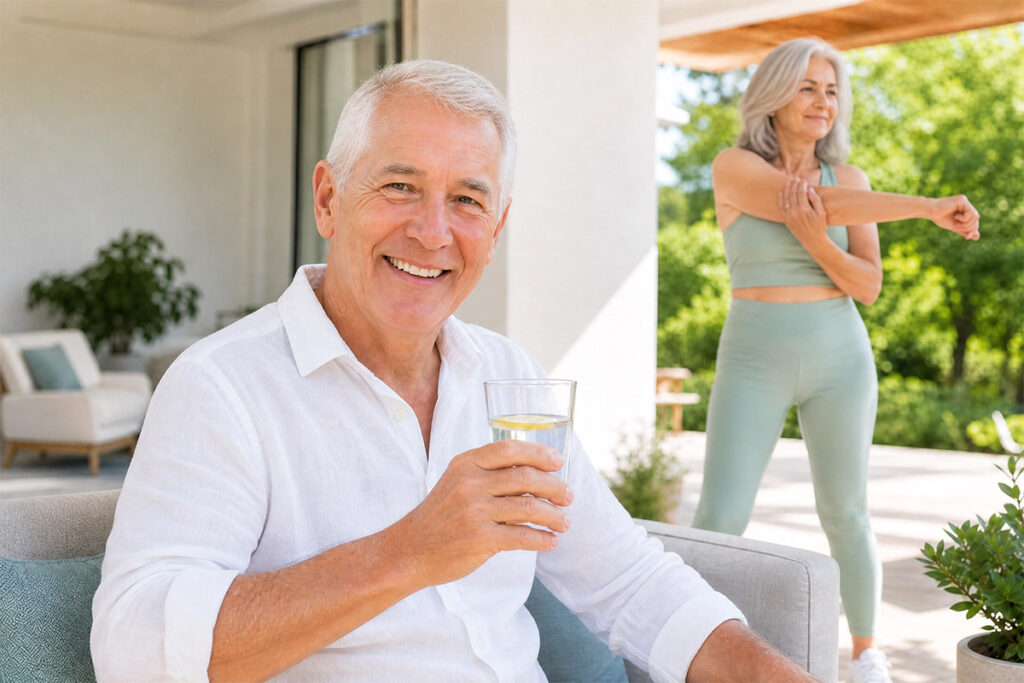 Uomo over 60 beve acqua con limone per contrastare la stanchezza estiva accanto a una donna che fa stretching a corpo libero